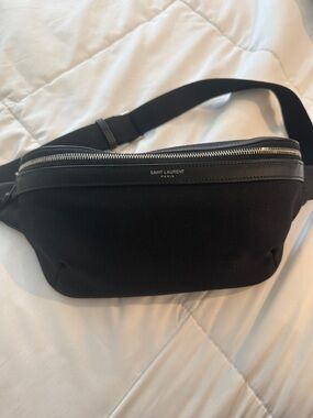 Saint Laurent Black Canvas and Leather Trim Belt Bag